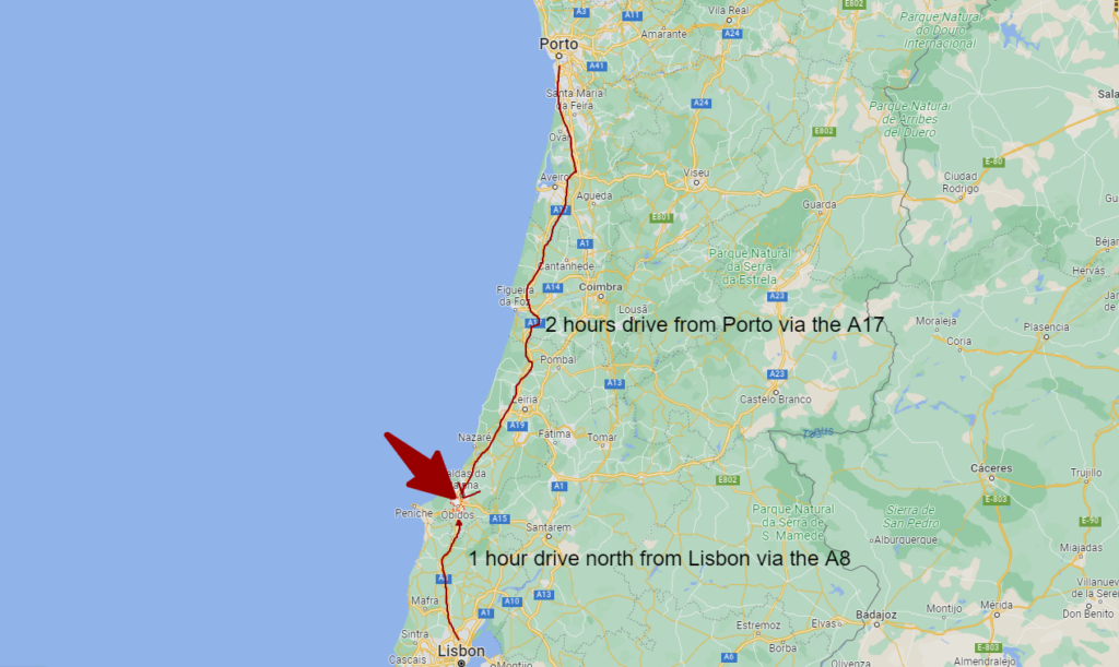 Map showing Óbidos north of Lisbon